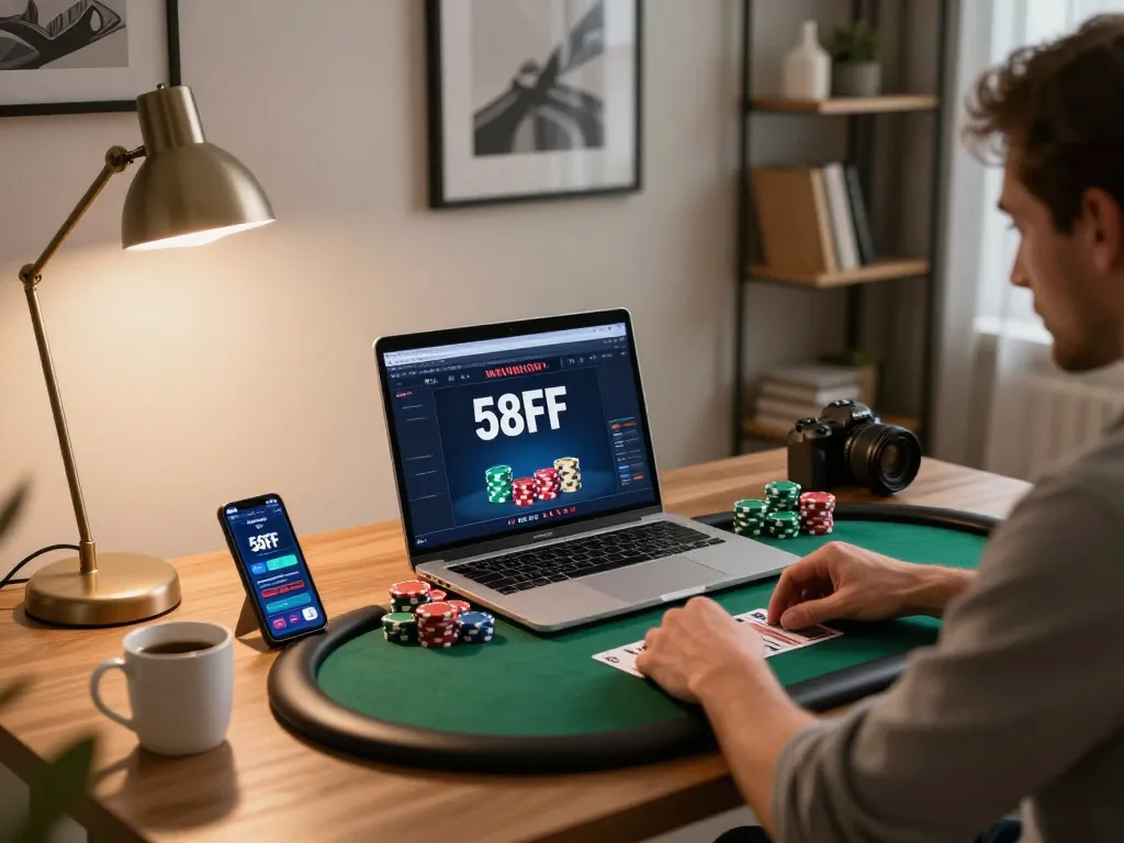 Person gaming on 58ff online poker platform from a cozy home office with chips and cards visible.