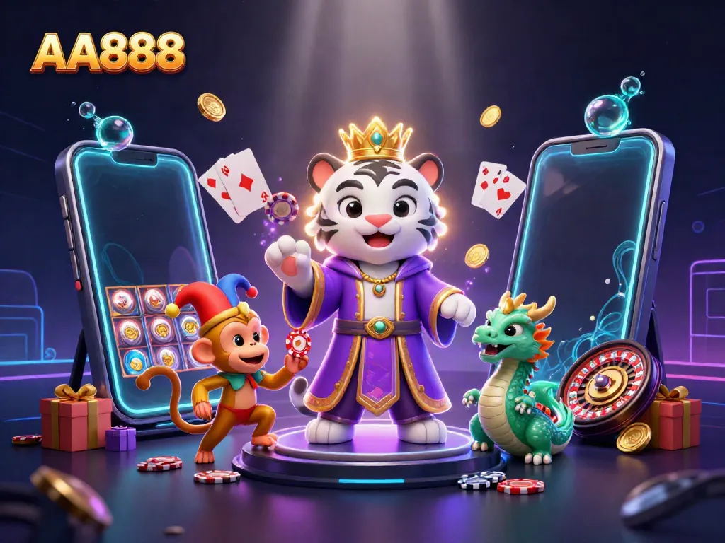 Experience the excitement of AA888 with captivating 3D casino characters and gaming elements in vibrant detail.