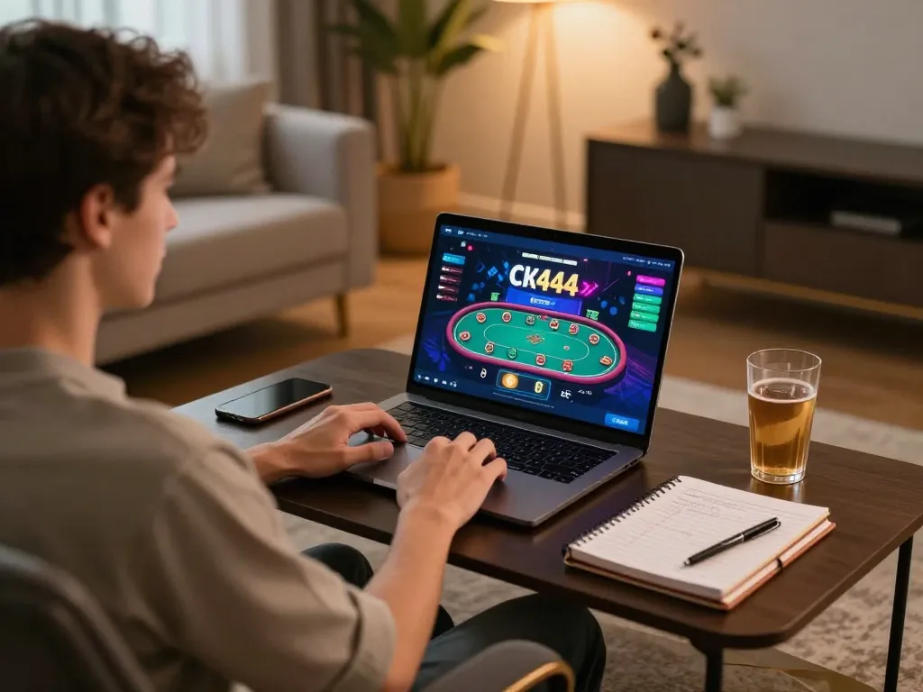 Engaging in online casino fun with ck444 app download on a laptop, cozy home gaming atmosphere