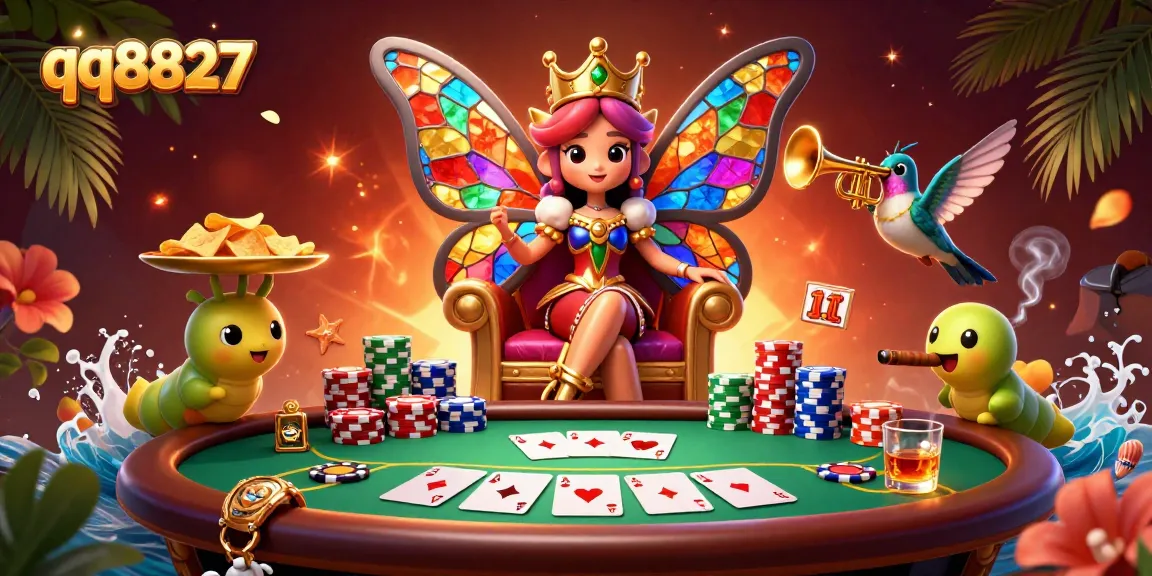 Engage in thrilling poker at qq8827, illustrated with a vibrant butterfly queen and poker elements.