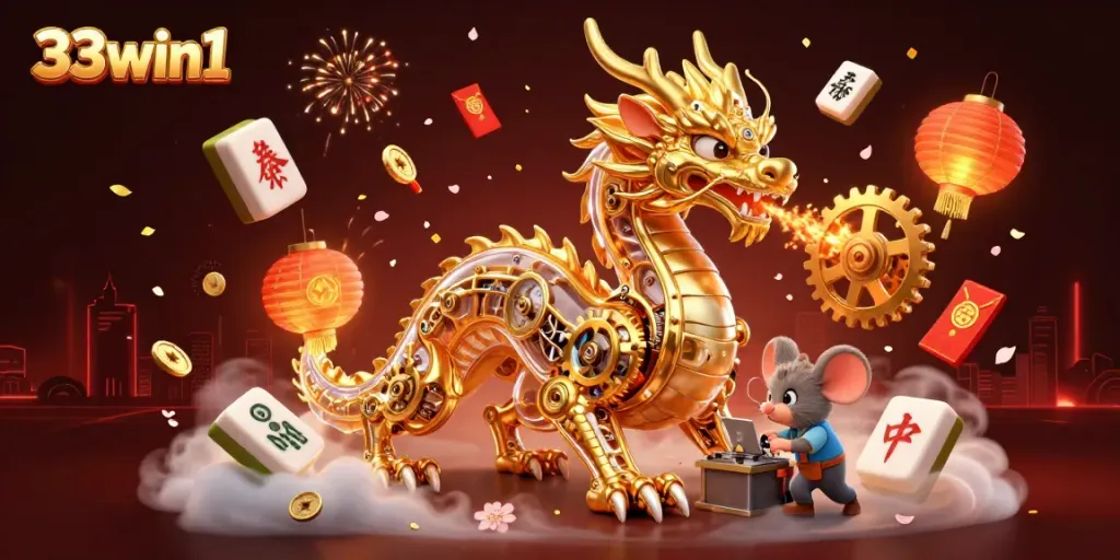 Experience the dynamic world of 33win1 with a golden dragon and luxurious casino elements.