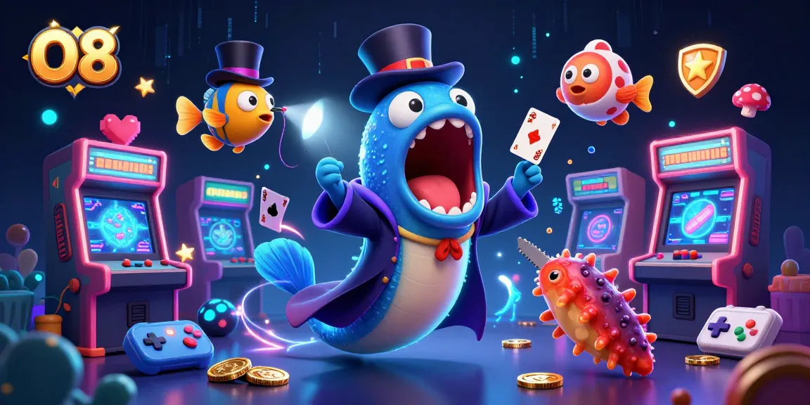 Experience thrilling gameplay at O8 with a cartoon eel magician and anglerfish spotlighting the action.