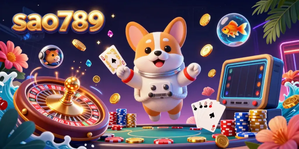 Sao789 promotes casino excitement with a playful astronaut corgi in a vibrant space casino with golden coins and poker chips.