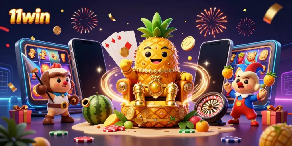 Experience captivating wins at 11win with a dynamic casino scene featuring a golden pineapple king and game elements!