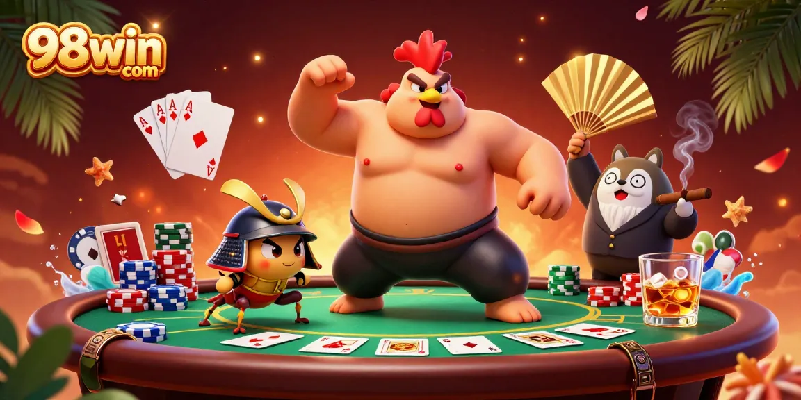 Engage in thrilling action with 98win com while viewing a vibrant casino scene featuring a cartoon rooster and samurai cricket.