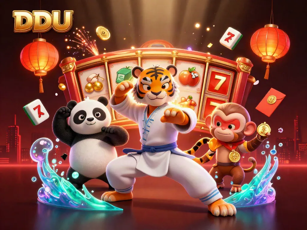 Engage with DDUU's thrilling casino experience featuring iconic characters in a vibrant 3D illustration.