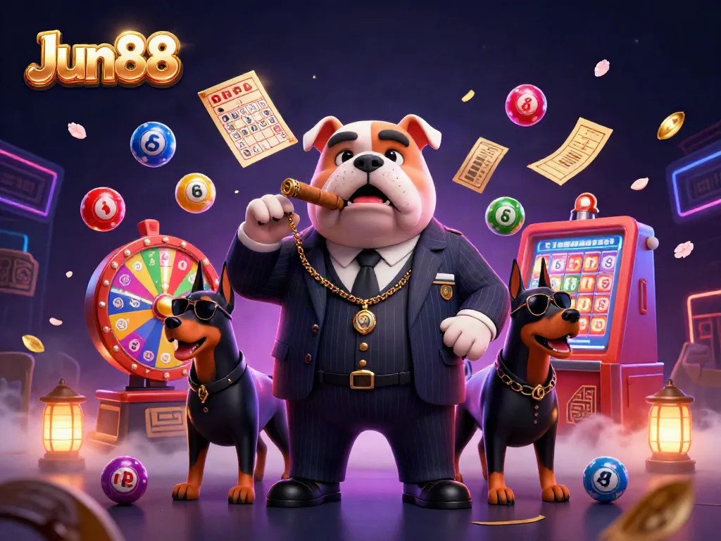 Engage with exciting gameplay at Jun88, featuring a lively illustration of a bulldog mafia boss and dynamic game elements.