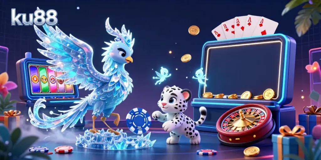 Engage with the ku88 experience featuring a vibrant 3D scene of a phoenix and playful casino elements in action.