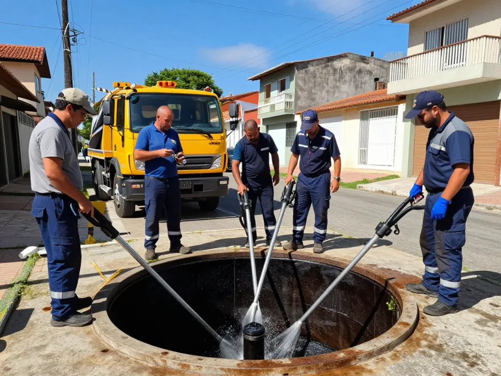 Limpa fossa em São Paulo - professional team cleaning a septic tank in an urban area, showcasing teamwork and advanced equipment