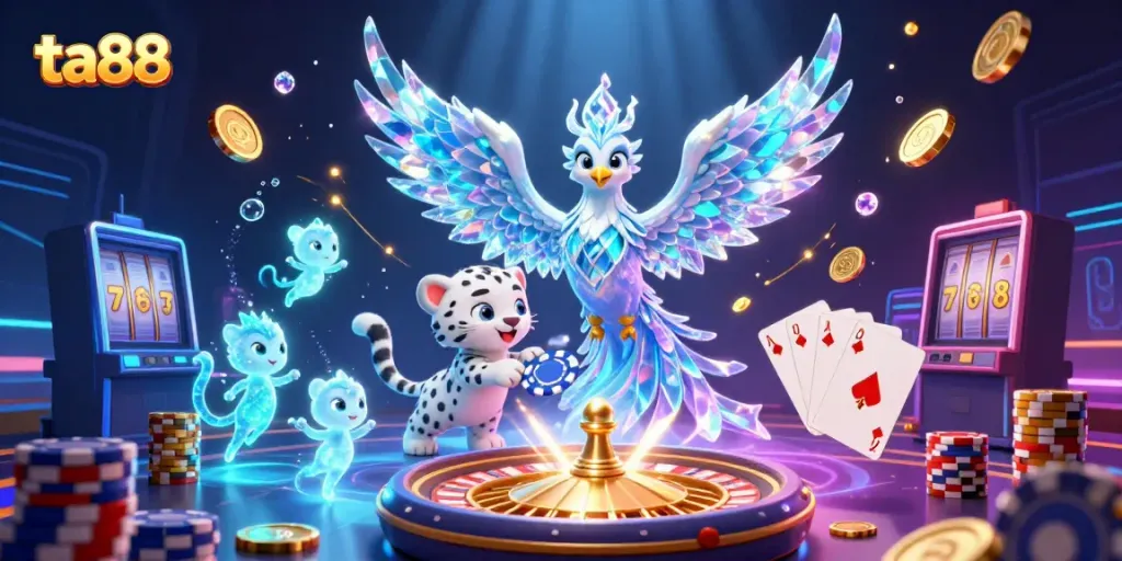 Engage with the vibrant ta88 scene featuring an ice phoenix, poker chip, and casino elements bursting with energy.