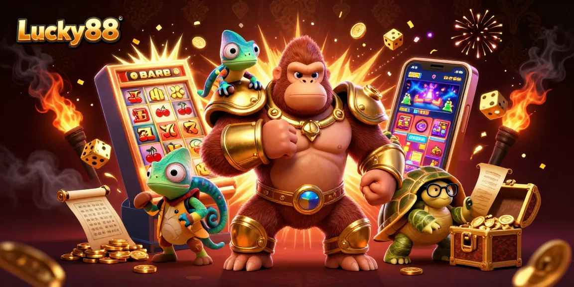 Experience thrilling jackpots at Lucky88 with a powerful gorilla king in a vibrant casino scene.