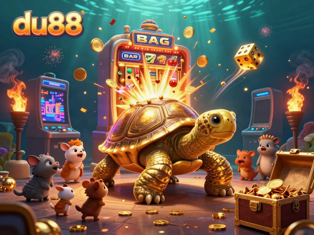 Catch the thrill at du88 with a golden tortoise pinball machine surrounded by animated animals and jackpot excitement.