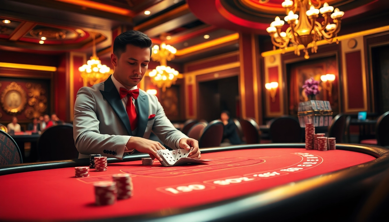 Retrait instantané paris sportif avec un croupier souriant et des jetons de casino.