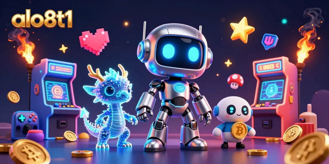 Engage with the vibrant excitement of alo8t1 in a dynamic 3D casino scene featuring modern gaming and cryptocurrency elements.