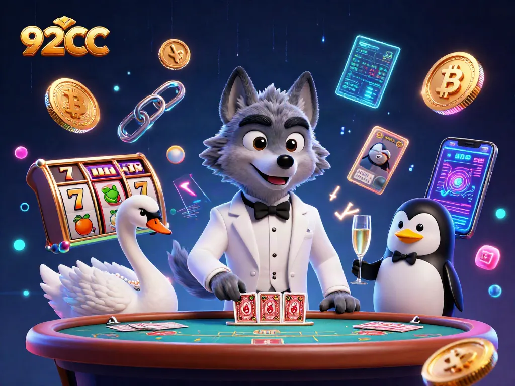 Engage with thrilling 92CC casino games featuring a debonair wolf, elegant swan, and a professional penguin.