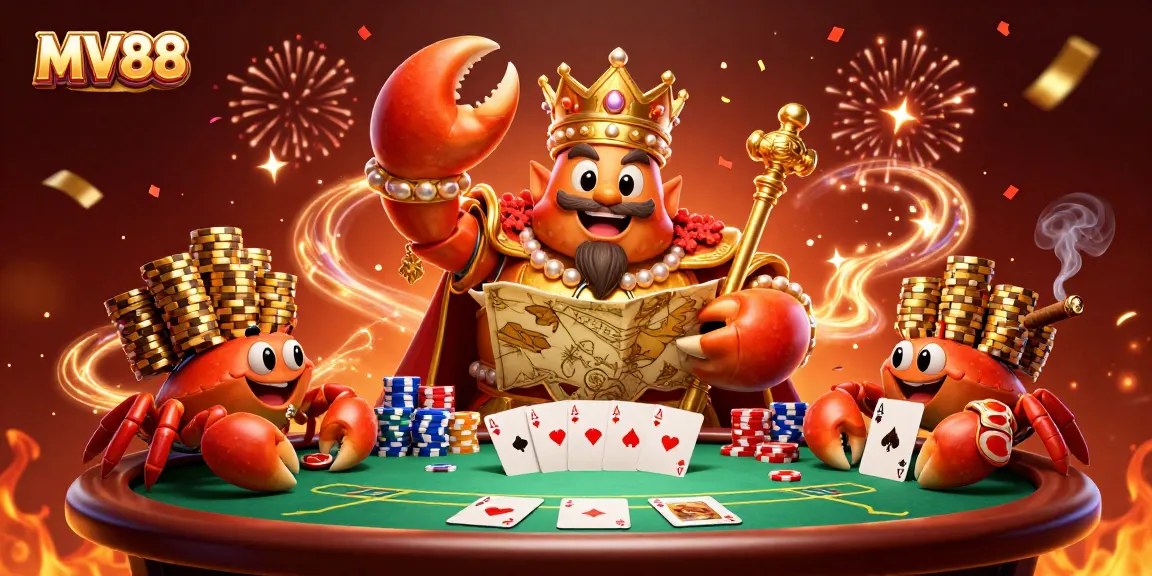 MV88 crab emperor oversees an exciting poker game with vibrant casino elements.