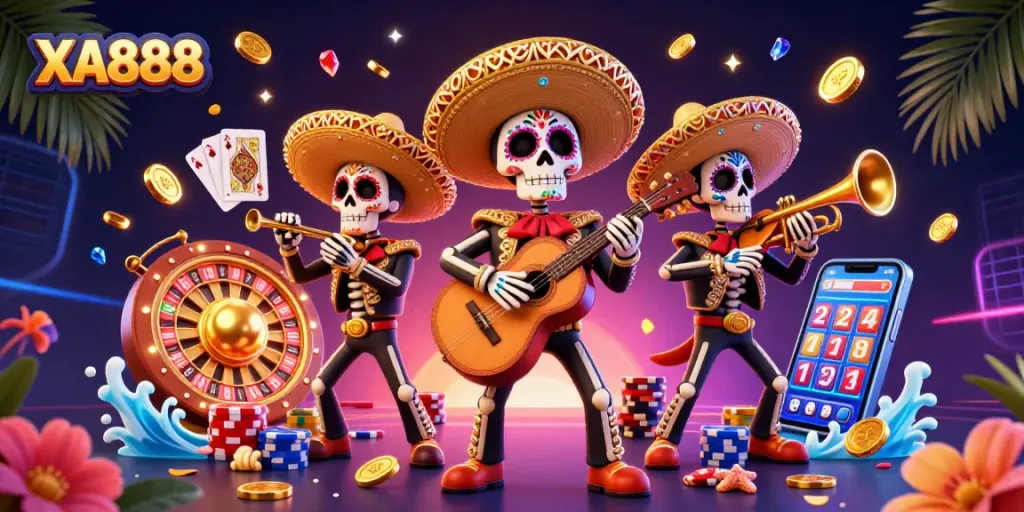 Experience excitement with XA888 as mariachi skeletons engage in vibrant casino action.