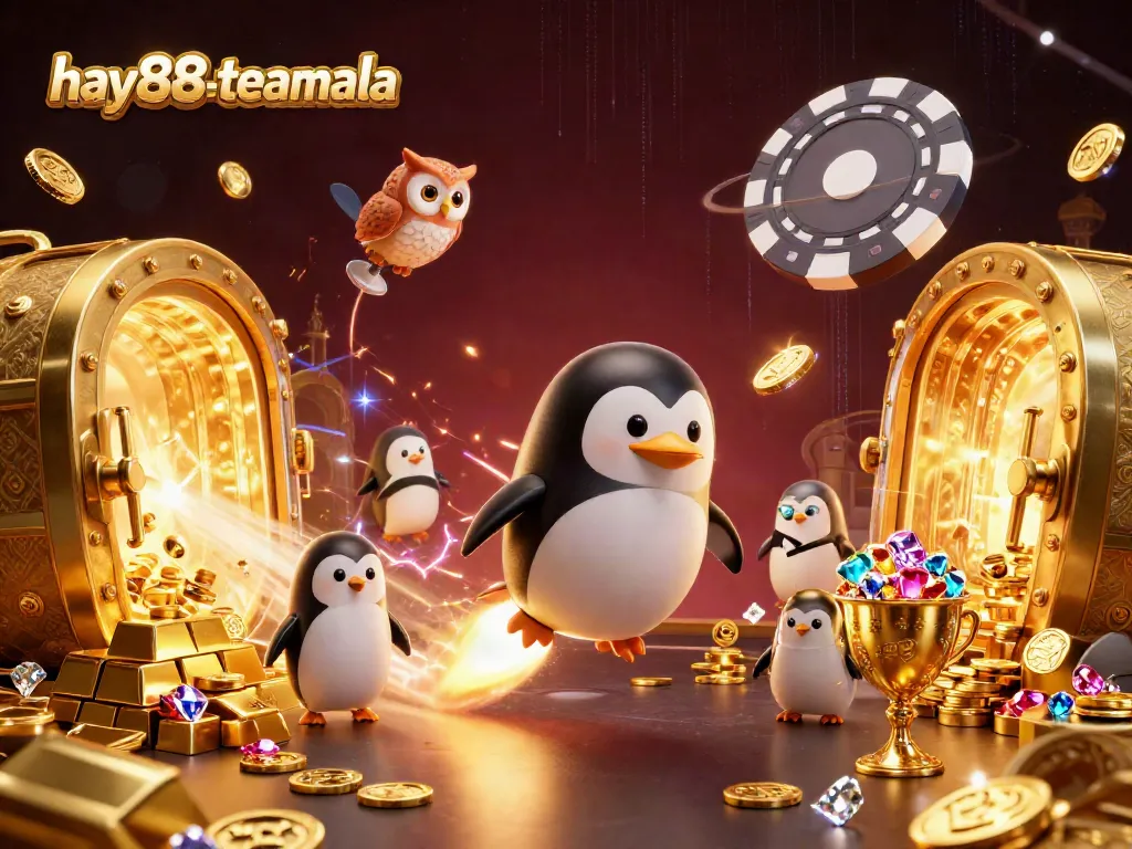 Experience thrilling casino action with hay88-teamala's golden penguin blasting through space toward a giant poker chip station.