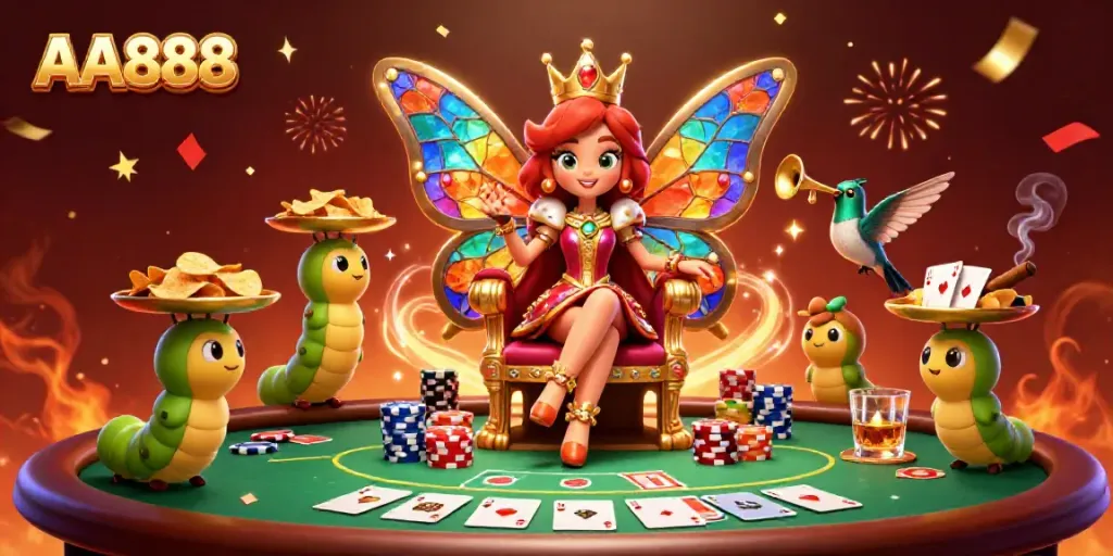 AA888 immersive casino scene with cartoon butterfly queen, poker elements, and vibrant decorations.