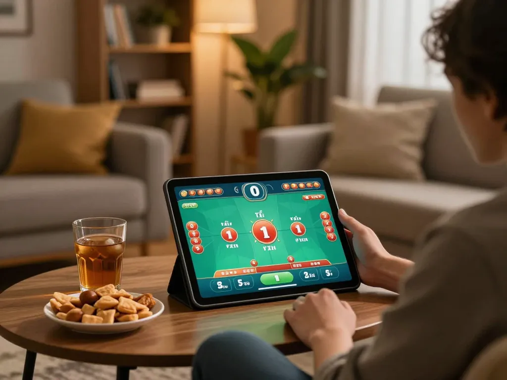 Tài Xỉu gaming session at home, showcasing a player engaged on tablet.