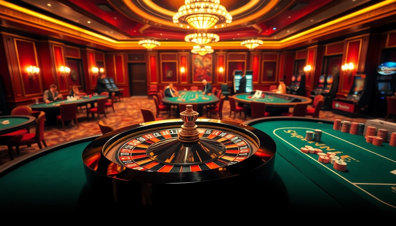 Experience excitement at the sunwin casino with players enjoying poker tables and roulette.