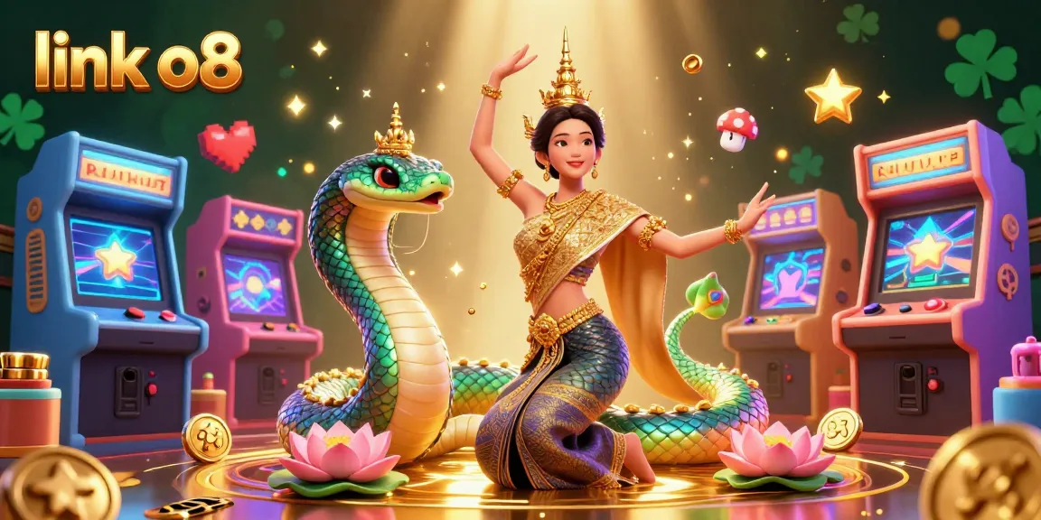 Engage with the vibrant link o8 casino experience featuring a Thai dancer and Naga serpent surrounded by gaming elements.
