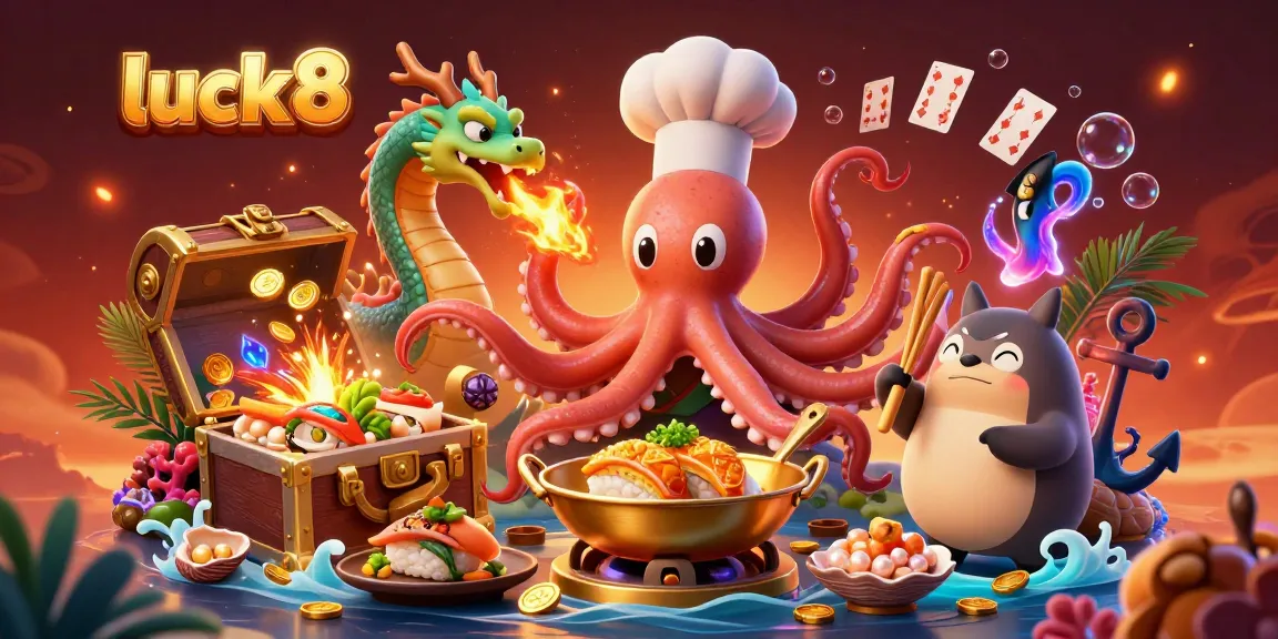 Joint your excitement with luck8's vibrant underwater casino illustration featuring whimsical characters and thrilling elements.