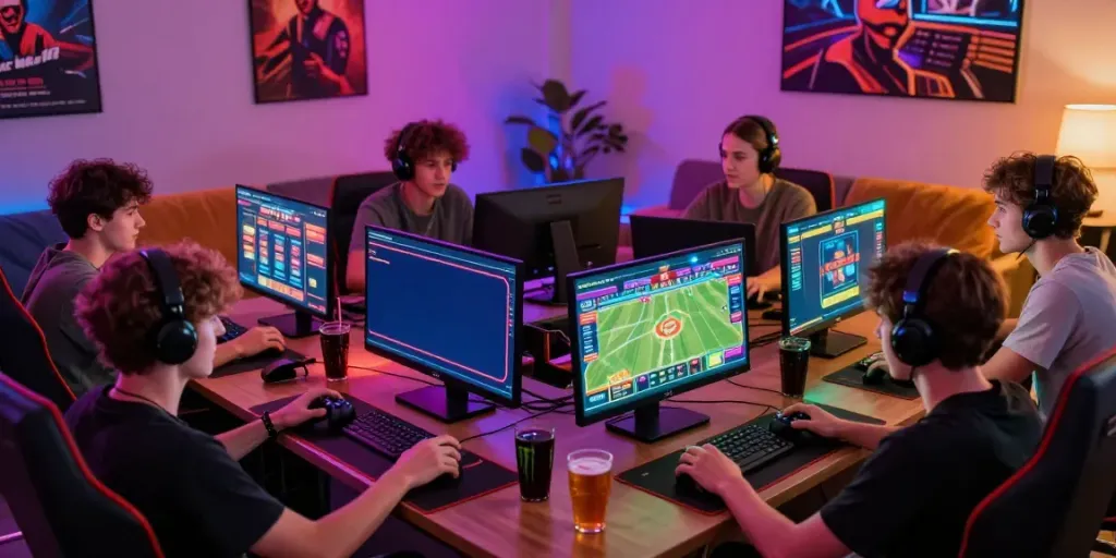 Exciting gaming scene with friends at https://man88.hair/ enjoying sports betting and casino games.