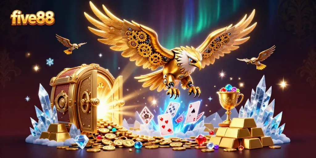 Engage with five88's thrilling gaming experience featuring dynamic golden eagle soaring through playing cards!