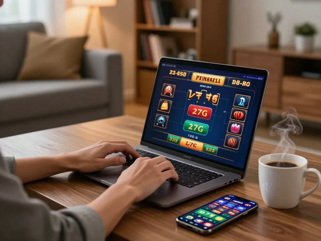 Player engaging with 27G casino app on laptop, modern home setup with strategy books nearby.