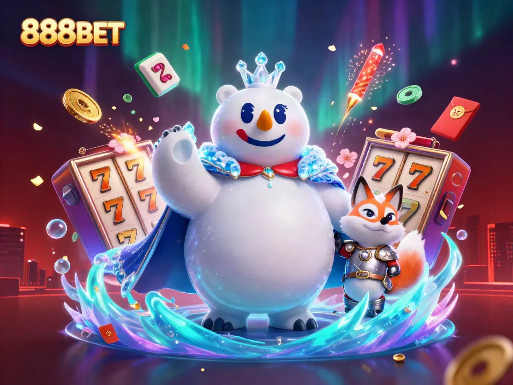 Experience excitement at 888BET with a vibrant scene of an ice king, fortune, and casino elements.