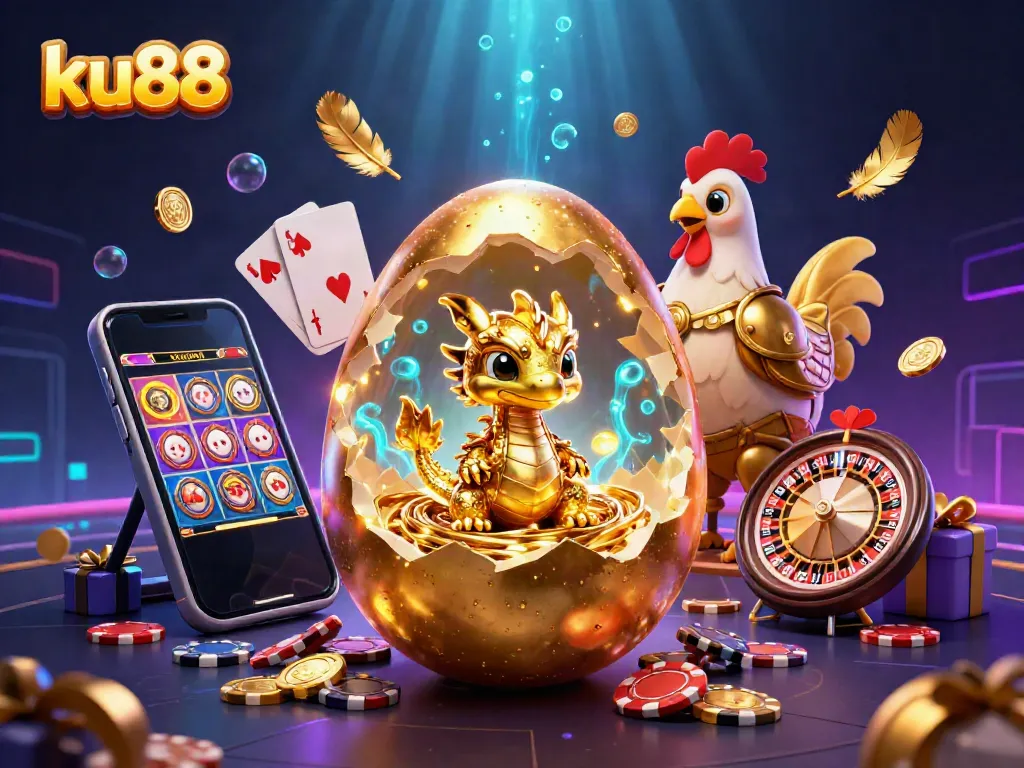Experience the magic of ku88 with a golden dragon on poker chips in a vibrant casino scene.