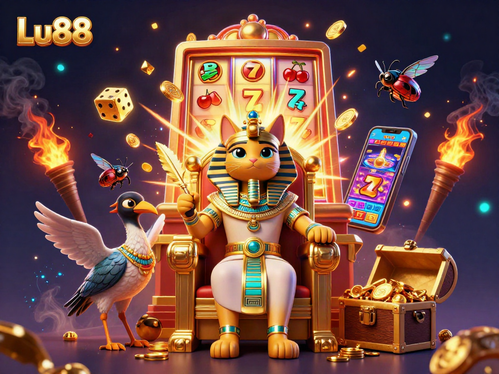 Engage with Lu88's vibrant casino scene featuring pharaoh cat, jackpot slots, and dynamic gaming elements.