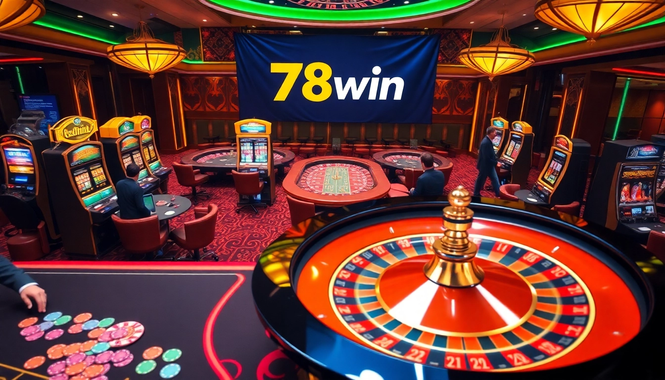 78win casino scene with players at roulette wheel, vibrant colors and excitement.