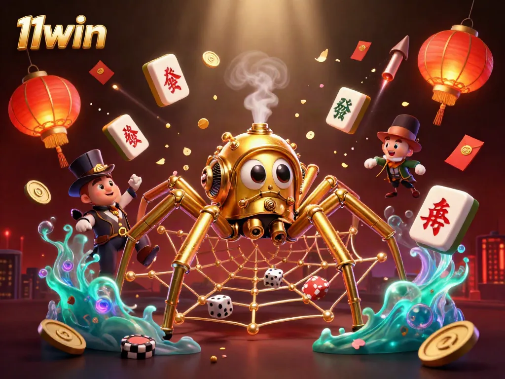 Experience thrilling gaming action with 11win's captivating steampunk-inspired scene featuring golden spider and poker chips.