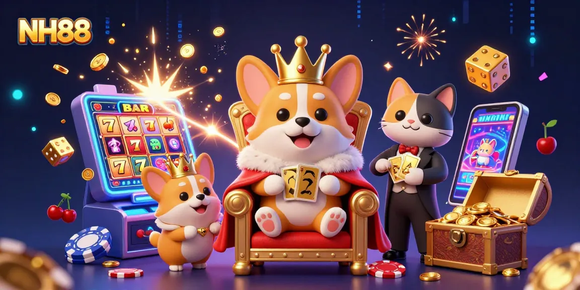 Win big with NH88's thrilling casino experience and vibrant characters in a dynamic digital illustration.