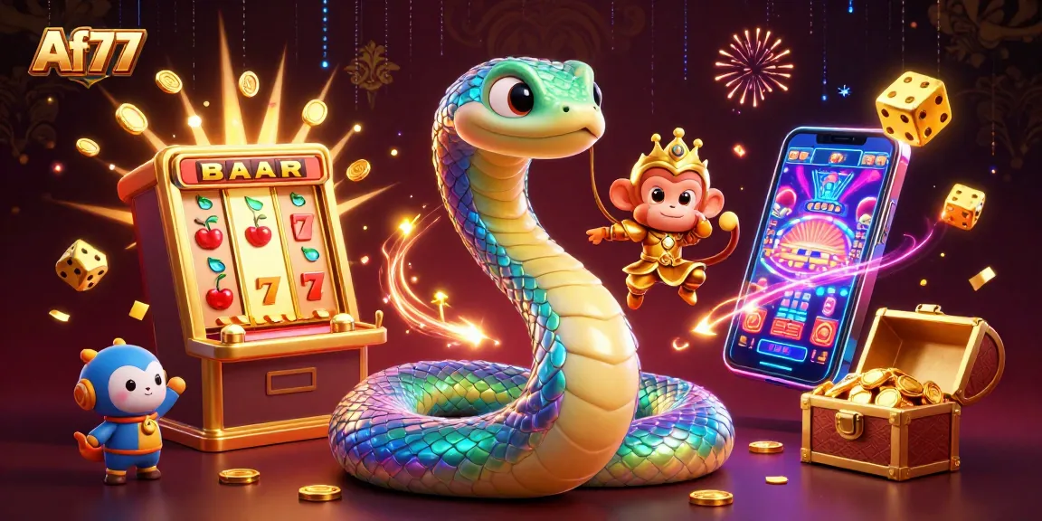 Spin exciting slots and explore Af77's vibrant casino games in a rich colorful illustration.