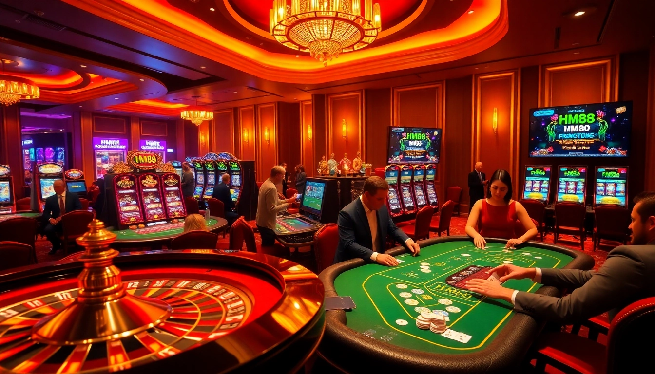 Engaging players at HM88 poker tables and roulette wheel in an exquisite casino environment.