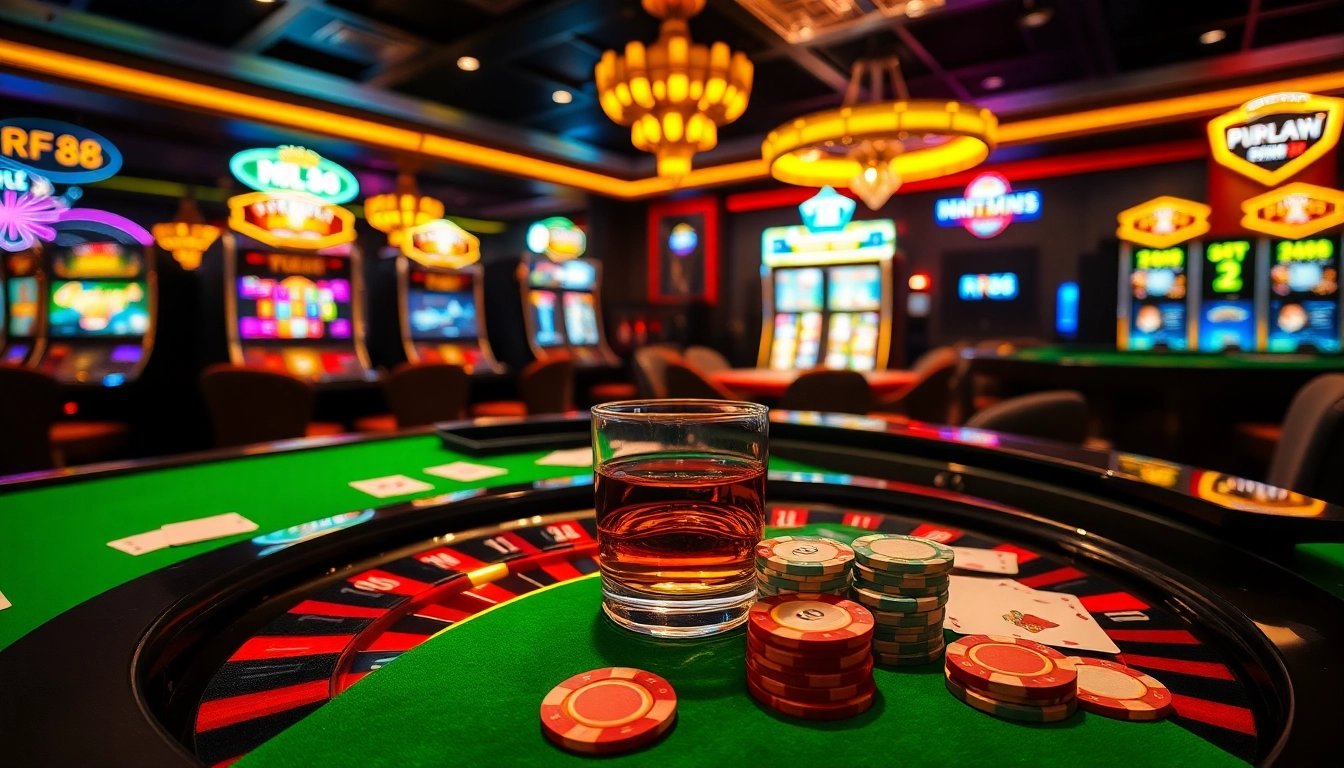 Experience the excitement of RR88 with a vibrant casino scene featuring roulette, poker chips, and slot machines.