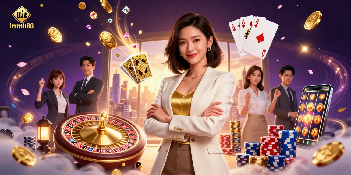 Experience thrilling gameplay with link mm88 as a powerful Asian woman showcases a golden deck of cards surrounded by dynamic casino elements.