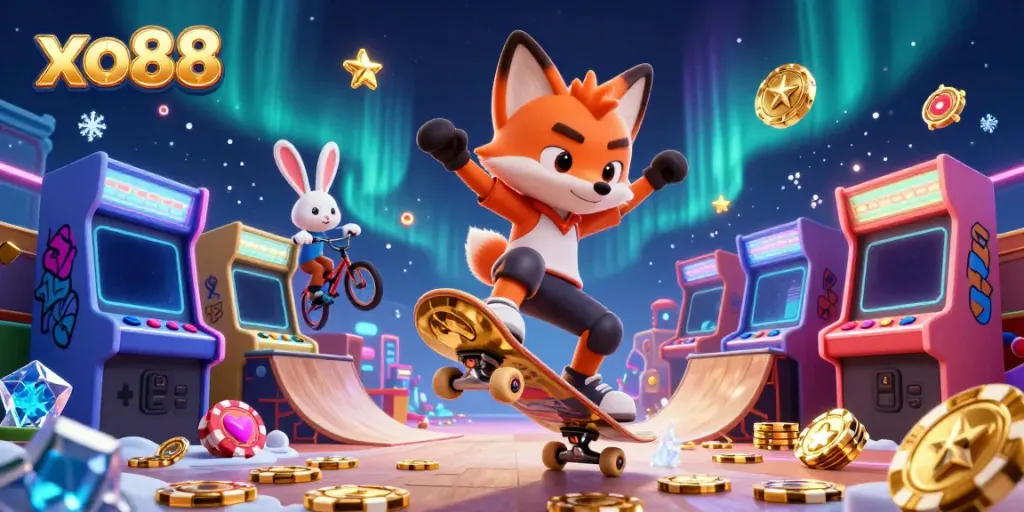 Experience the thrill of gaming with xo88, showcasing vibrant characters in an energetic casino scene.