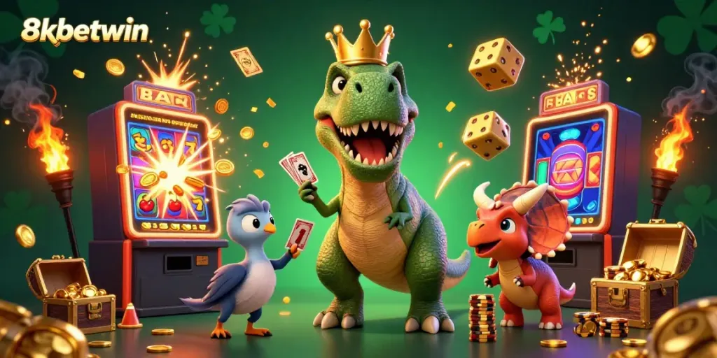 Experience exciting gaming at 8xbetwin with a cheerful T-Rex dealing cards and vibrant casino elements.