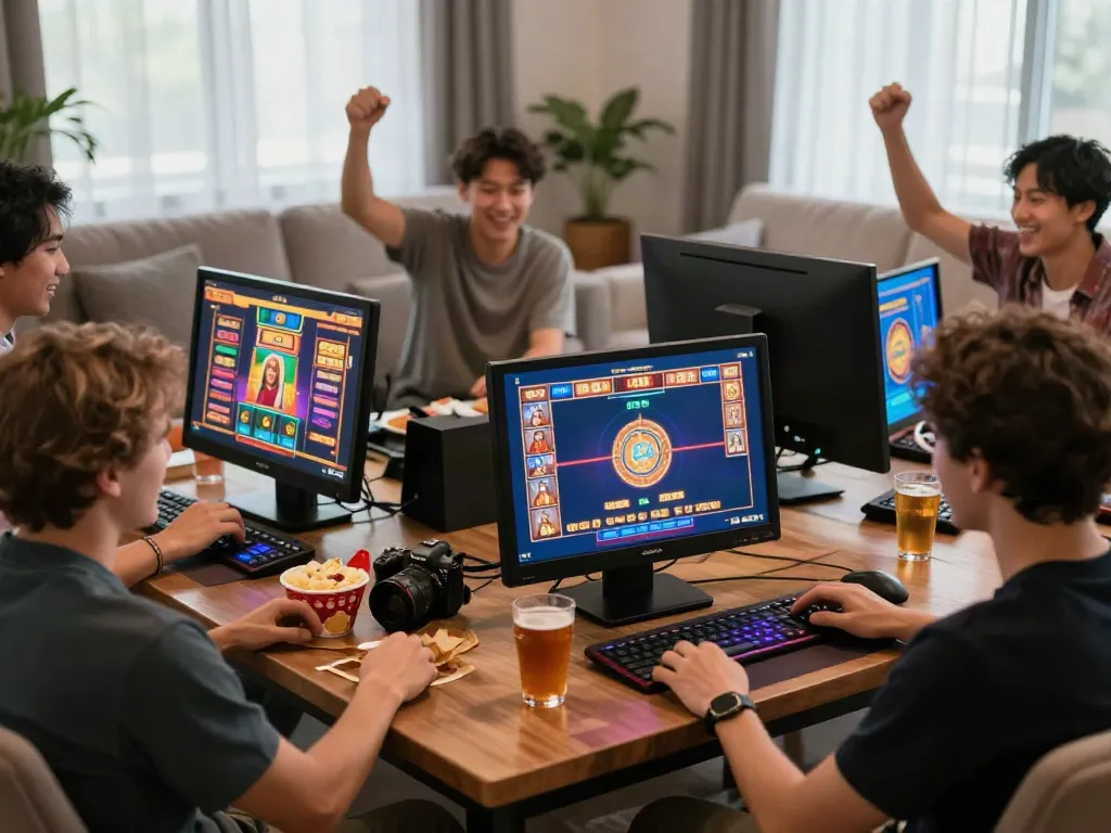 Jogadores desfrutando de Slot Gacor em um ambiente aconchegante com gráficos vibrantes.