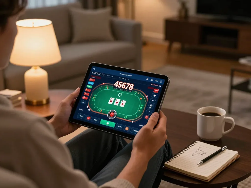 Engaging in a poker game on the 45678 app, showcasing a cozy online gambling experience at home.