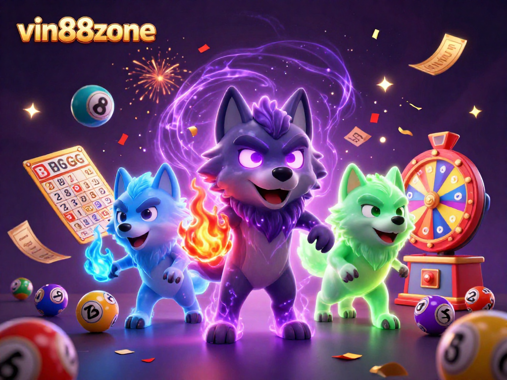 Engage with vin88zone's vibrant lottery excitement featuring colorful balls and a spirited wolf pack!