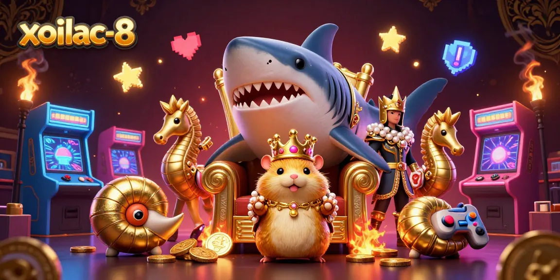 Experience the excitement of xoilac-8 with a fierce golden hamster king amidst colorful casino elements.