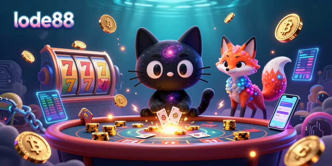 Engage with lode88's cosmic table as a black hole cat draws in golden chips amidst vibrant slot reels.