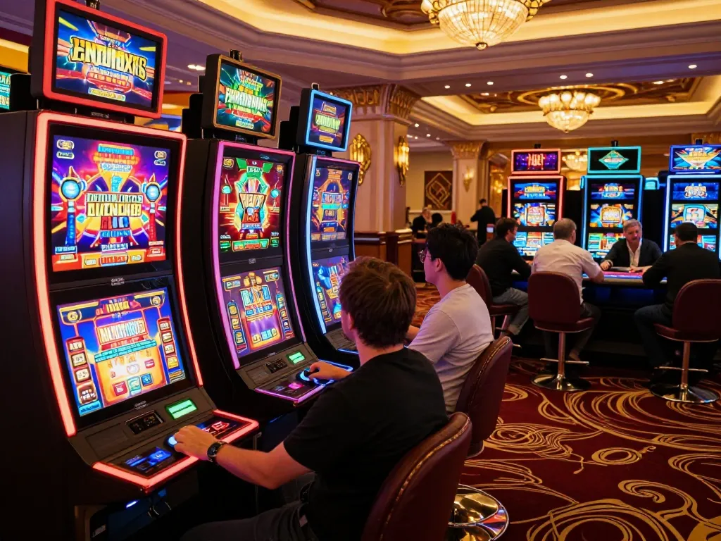Exciting gaming action at 27G casino with players engaged at bright slot machines.