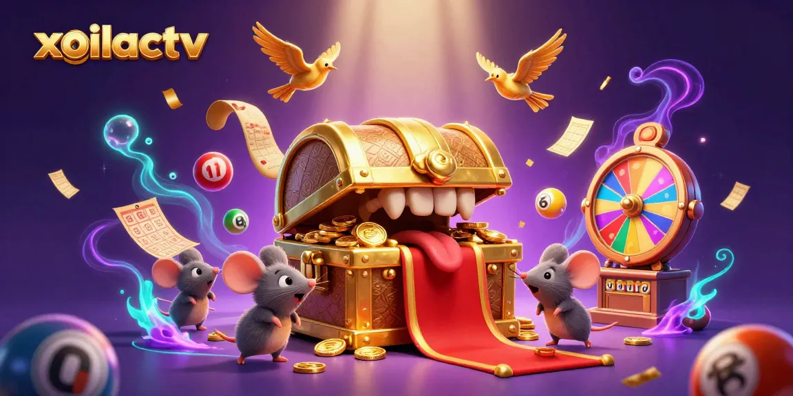 Engage with xoilactv as a golden treasure chest captivates adventurer mice, symbolizing thrilling gambling opportunities.