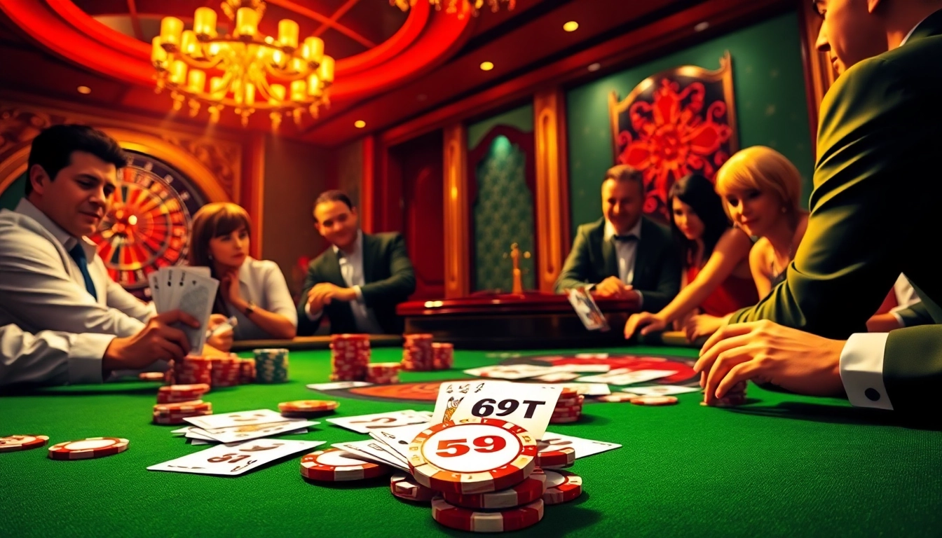 Participe de uma emocionante partida de poker com fichas 69T em uma mesa de cassino elegante.